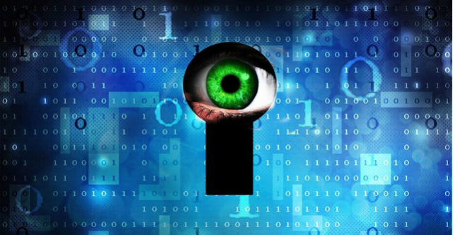 Green eye looking through keyhole breaching digital privacy
