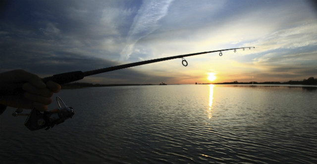 A fishing rod at sea at sunset