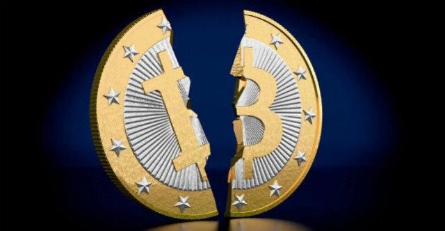 A bitcoin split in half