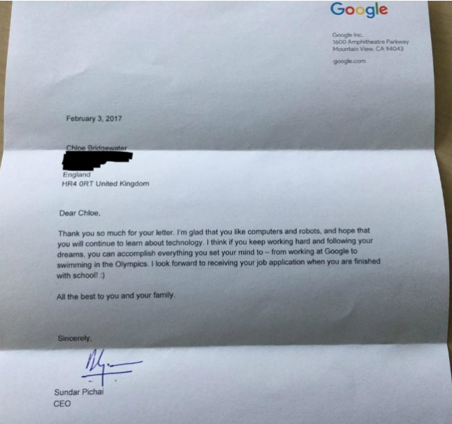 Google chief letter to 7-year-old - LinkedIn image